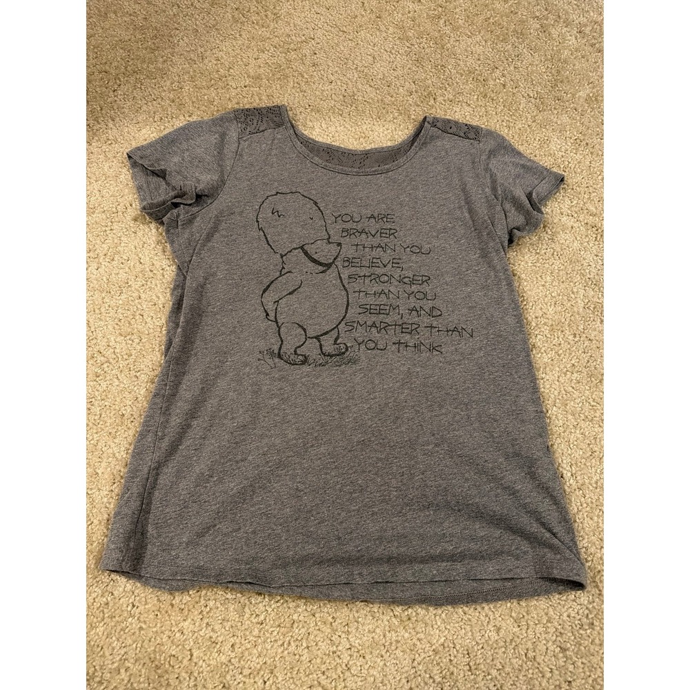 Disney Winnie the Pooh Womens Classic Quote Lace Back Graphic Shirt Gray M